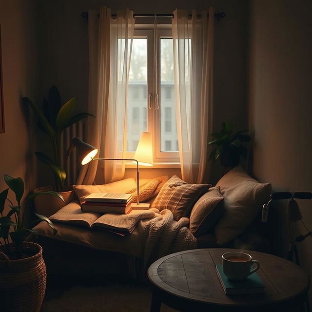 A serene and cozy interior space that reflects the lifestyle of an introvert, featuring a comfortable reading nook with soft cushions, a warm throw blanket, and a stack of books