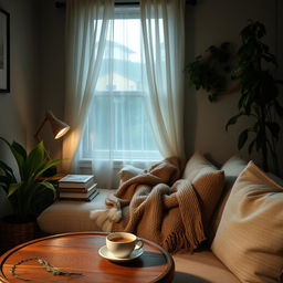 A serene and cozy interior space that reflects the lifestyle of an introvert, featuring a comfortable reading nook with soft cushions, a warm throw blanket, and a stack of books