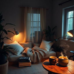 A serene and cozy interior space that reflects the lifestyle of an introvert, featuring a comfortable reading nook with soft cushions, a warm throw blanket, and a stack of books