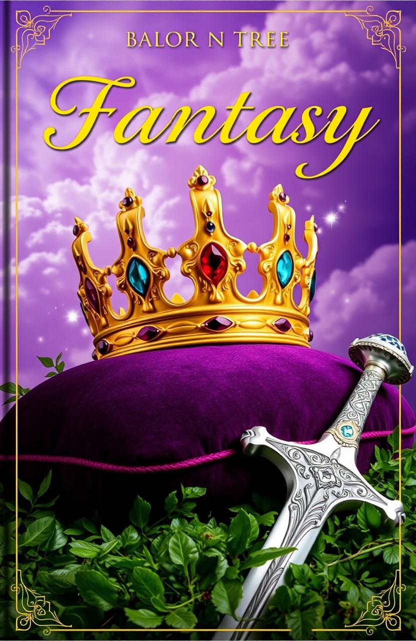 A captivating fantasy book cover featuring a majestic golden crown adorned with colorful gemstones resting atop a richly textured velvet cushion