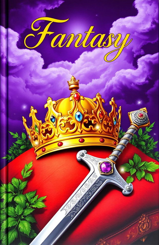 A captivating fantasy book cover featuring a majestic golden crown adorned with colorful gemstones resting atop a richly textured velvet cushion