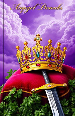 A captivating fantasy book cover featuring a majestic golden crown adorned with colorful gemstones resting atop a richly textured velvet cushion