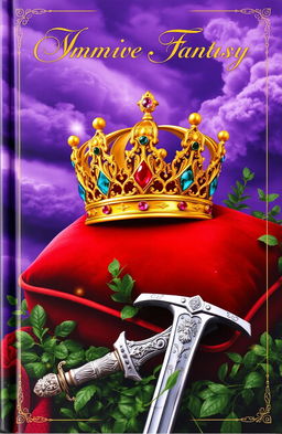 A captivating fantasy book cover featuring a majestic golden crown adorned with colorful gemstones resting atop a richly textured velvet cushion