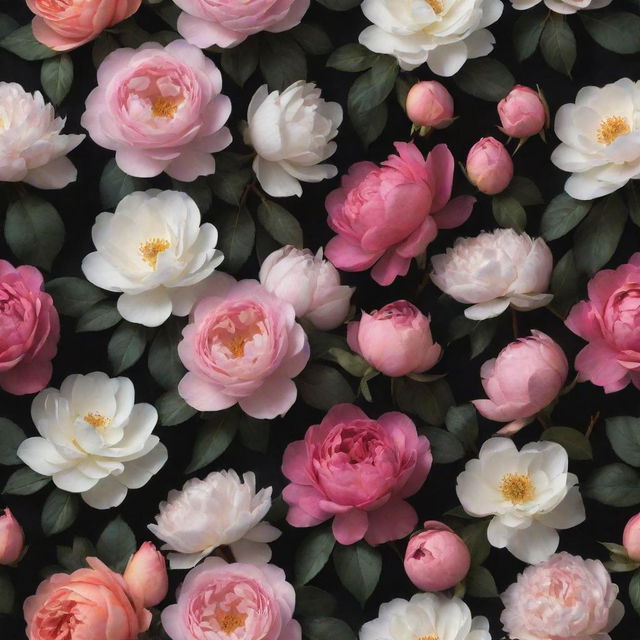 An engaging 3D wallpaper depicting a dark background densely packed with amplified, vibrant roses, posies, magnolias, and peonies, all in varying colors and larger-than-life size