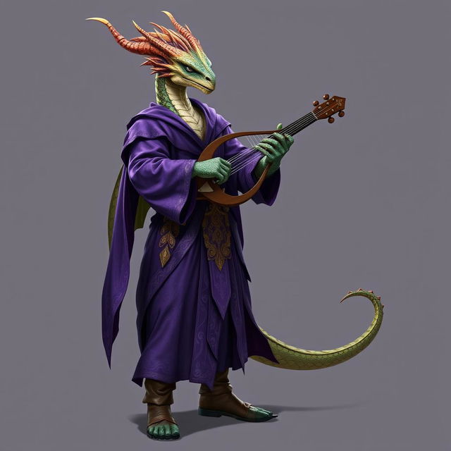 A standing male dragonborn bard with shimmering tinsel scales that catch the light beautifully