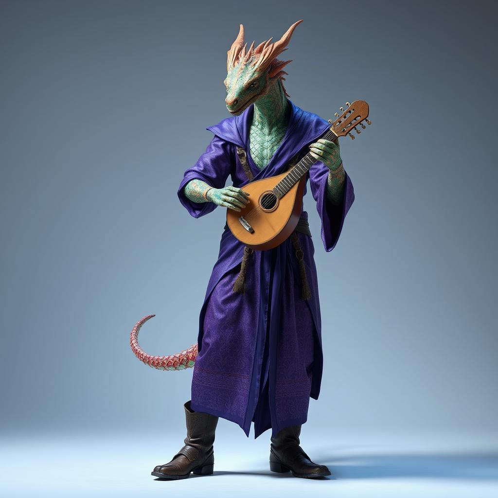 A standing male dragonborn bard with shimmering tinsel scales that catch the light beautifully