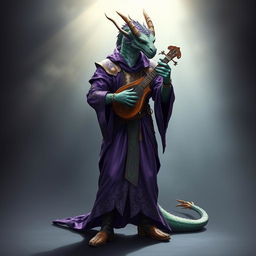 A standing male dragonborn bard with shimmering tinsel scales that catch the light beautifully