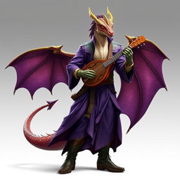 A standing male dragonborn bard with shimmering tinsel scales that catch the light beautifully
