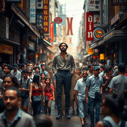 A figure standing alone in a bustling crowd, surrounded by people who are engaged in various activities