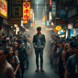 A figure standing alone in a bustling crowd, surrounded by people who are engaged in various activities