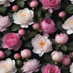 An engaging 3D wallpaper depicting a dark background densely packed with amplified, vibrant roses, posies, magnolias, and peonies, all in varying colors and larger-than-life size