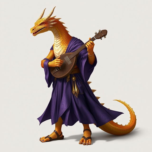 A standing male dragonborn bard with striking golden scales that shimmer in the light