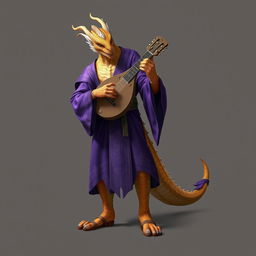 A standing male dragonborn bard with striking golden scales that shimmer in the light