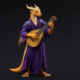 A standing male dragonborn bard with striking golden scales that shimmer in the light
