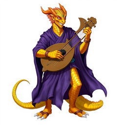 A standing male dragonborn bard with striking golden scales that shimmer in the light