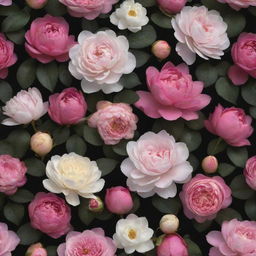 An engaging 3D wallpaper depicting a dark background densely packed with amplified, vibrant roses, posies, magnolias, and peonies, all in varying colors and larger-than-life size