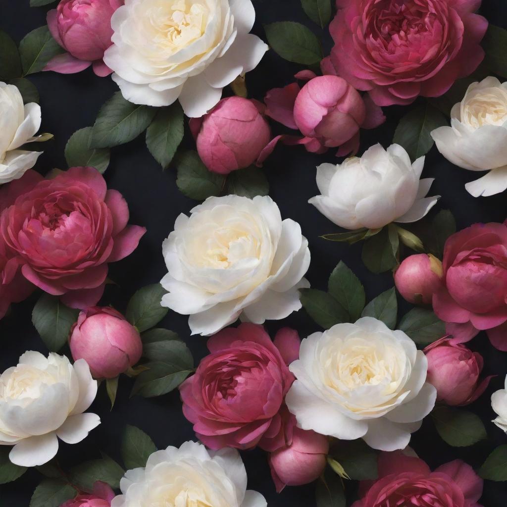 A dramatic 3D wallpaper displaying a dark backdrop densely filled with exaggerated, vibrant roses, posies, magnolias, and peonies of diverse colors