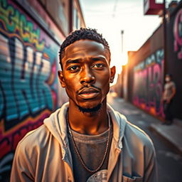 A powerful and emotional portrait of Kahlil, a young African American man, standing confidently in an urban environment, with vibrant graffiti art on the walls behind him