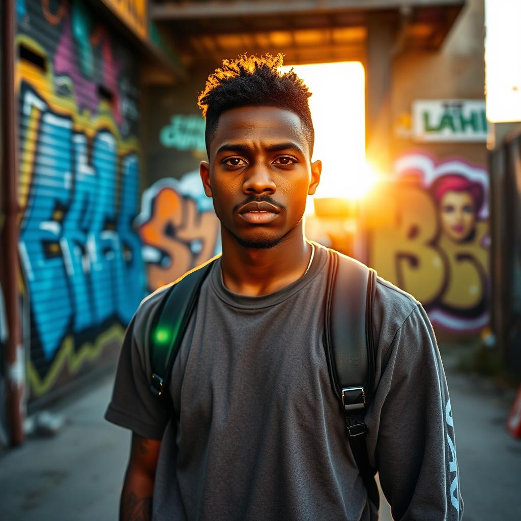 A powerful and emotional portrait of Kahlil, a young African American man, standing confidently in an urban environment, with vibrant graffiti art on the walls behind him