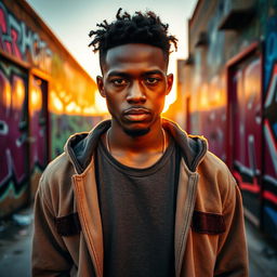 A powerful and emotional portrait of Kahlil, a young African American man, standing confidently in an urban environment, with vibrant graffiti art on the walls behind him