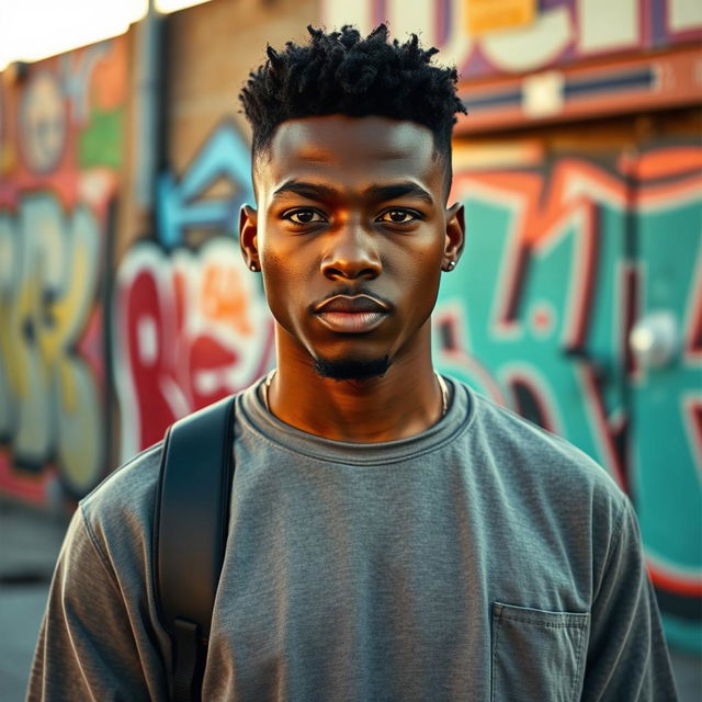 A powerful and emotional portrait of Kahlil, a young African American man, standing confidently in an urban environment, with vibrant graffiti art on the walls behind him