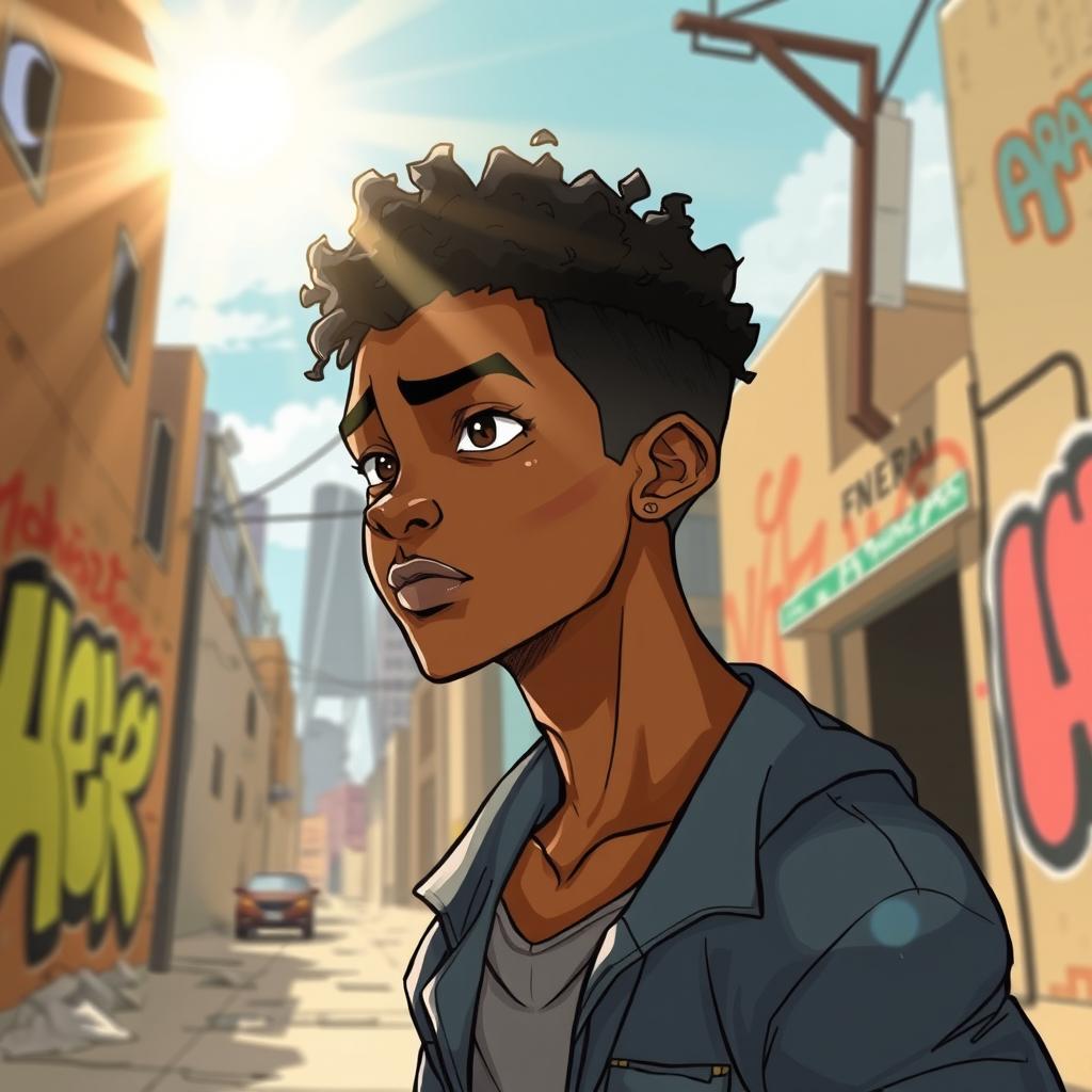 A dynamic illustration of Kahlil, a young African American male, with an athletic build and expressive features that convey depth and emotion