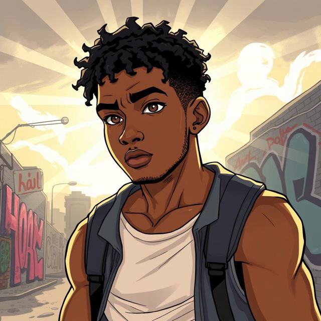 A dynamic illustration of Kahlil, a young African American male, with an athletic build and expressive features that convey depth and emotion