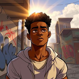 A dynamic illustration of Kahlil, a young African American male, with an athletic build and expressive features that convey depth and emotion