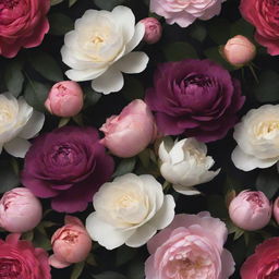 A dramatic 3D wallpaper displaying a dark backdrop densely filled with exaggerated, vibrant roses, posies, magnolias, and peonies of diverse colors