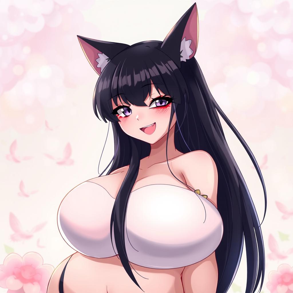 A voluptuous woman with large breasts, long straight black hair, and cat ears