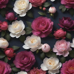 A dramatic 3D wallpaper displaying a dark backdrop densely filled with exaggerated, vibrant roses, posies, magnolias, and peonies of diverse colors