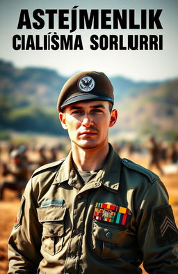 A determined soldier standing confidently with a proud expression, dressed in a modern army uniform, showcasing various medals and insignia on their chest