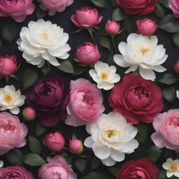 A dramatic 3D wallpaper displaying a dark backdrop densely filled with exaggerated, vibrant roses, posies, magnolias, and peonies of diverse colors