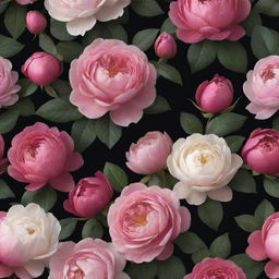 A striking 3D wallpaper showcasing a dark background teeming with exceptionally large, vibrant roses, posies, magnolias, and peonies in diverse colors, tightly packed together, with minimal elements of greenery