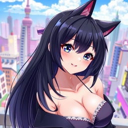 A large-breasted woman with sleek black hair and cat ears, styled in an anime aesthetic