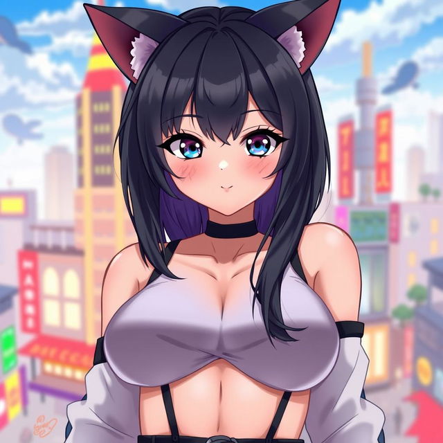 A large-breasted woman with sleek black hair and cat ears, styled in an anime aesthetic