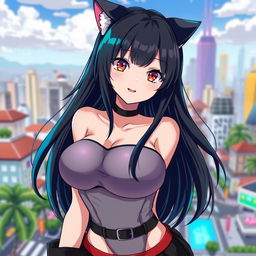 A large-breasted woman with sleek black hair and cat ears, styled in an anime aesthetic