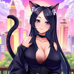 A large-breasted woman with sleek black hair and cat ears, styled in an anime aesthetic