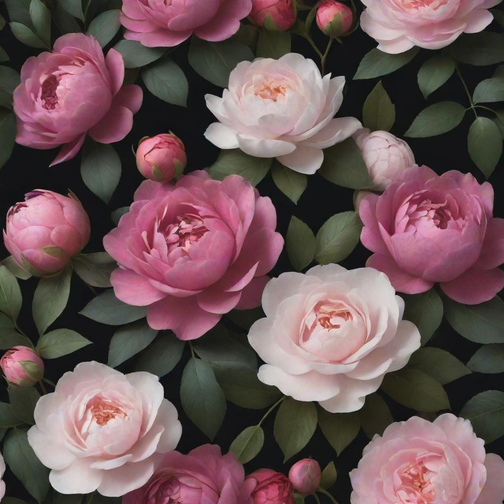 A striking 3D wallpaper showcasing a dark background teeming with exceptionally large, vibrant roses, posies, magnolias, and peonies in diverse colors, tightly packed together, with minimal elements of greenery