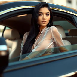 A realistic image of a stunning Latina model with long, black hair, wearing a sheer, transparent blouse