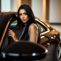 A realistic image of a stunning Latina model with long, black hair, wearing a sheer, transparent blouse