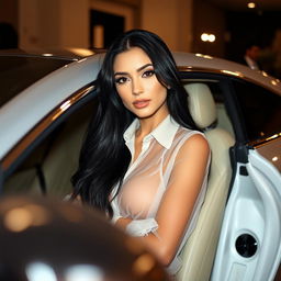 A realistic image of a stunning Latina model with long, black hair, wearing a sheer, transparent blouse