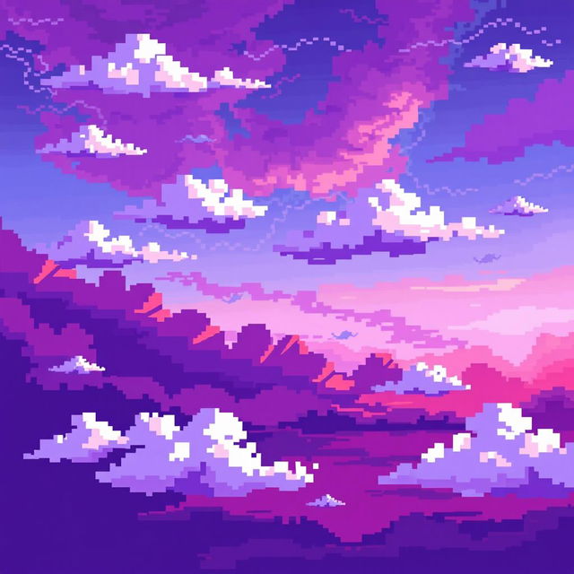 A beautiful sky filled with vibrant shades of violet, illustrated in a pixel art style