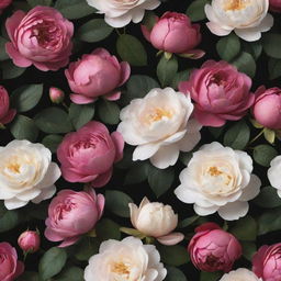 A striking 3D wallpaper showcasing a dark background teeming with exceptionally large, vibrant roses, posies, magnolias, and peonies in diverse colors, tightly packed together, with minimal elements of greenery