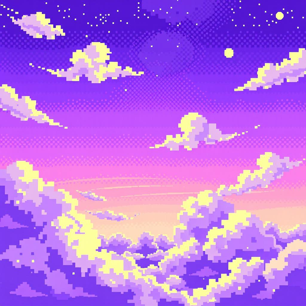 A beautiful sky filled with vibrant shades of violet, illustrated in a pixel art style