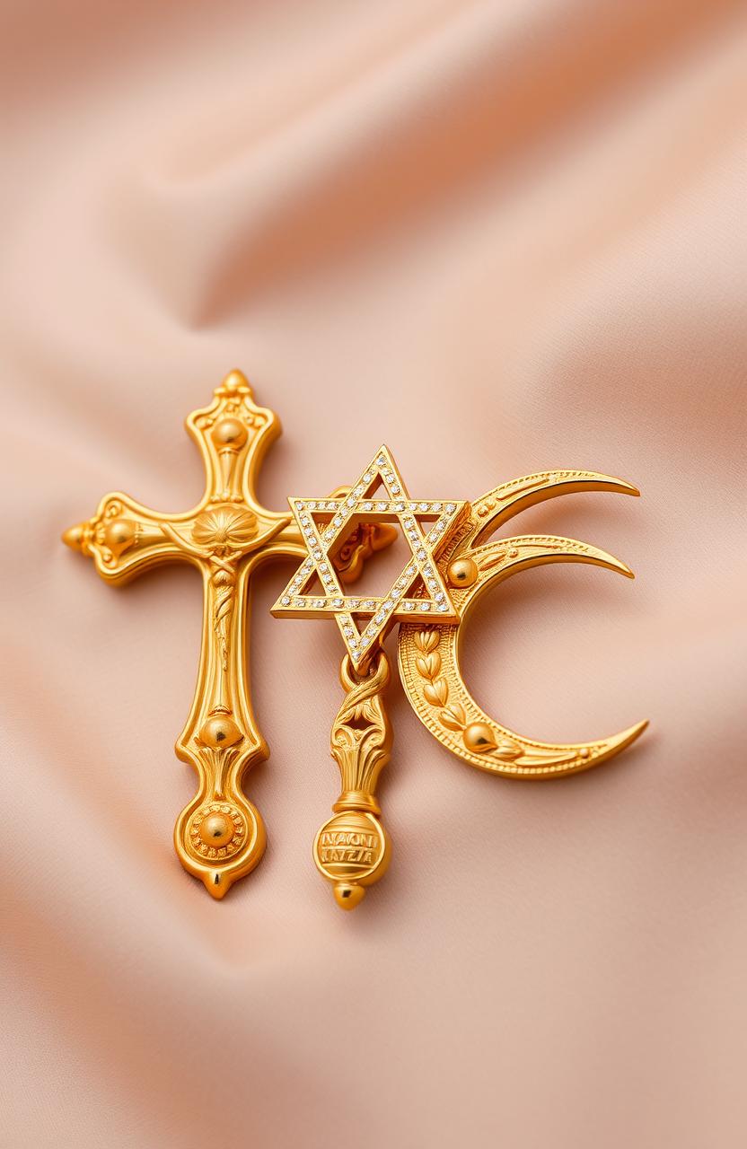 An intricate and ornate display featuring a gold plated raised Cross representing Christianity, a raised Star of David symbolizing Judaism, and a raised Crescent Moon signifying Islam