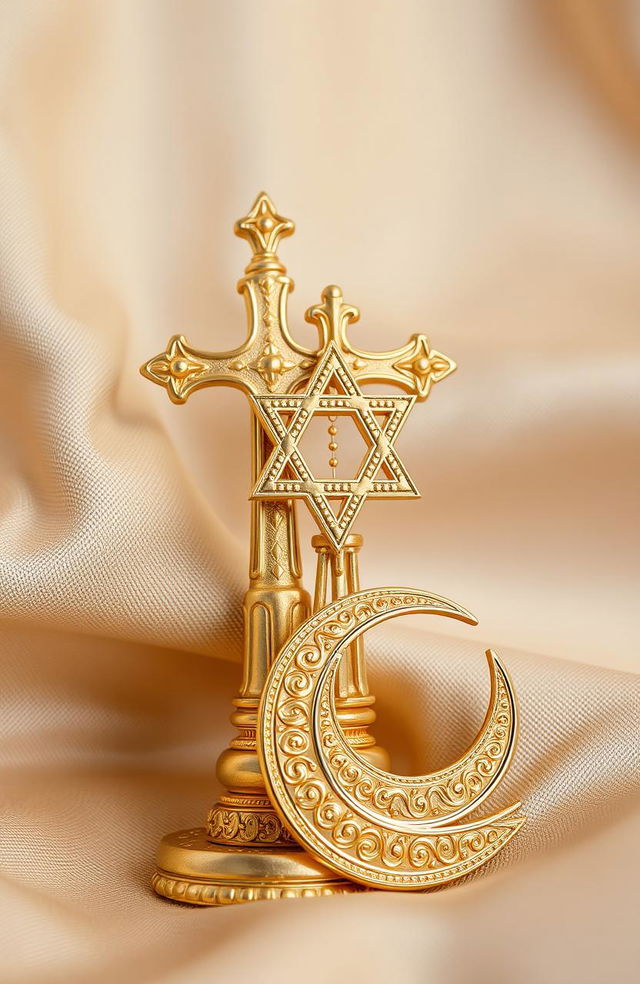 An intricate and ornate display featuring a gold plated raised Cross representing Christianity, a raised Star of David symbolizing Judaism, and a raised Crescent Moon signifying Islam