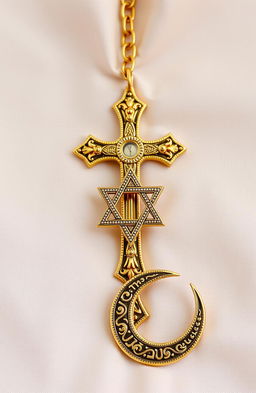 An intricate and ornate display featuring a gold plated raised Cross representing Christianity, a raised Star of David symbolizing Judaism, and a raised Crescent Moon signifying Islam