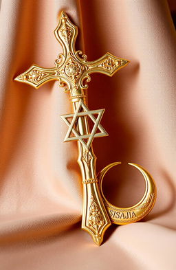 An intricate and ornate display featuring a gold plated raised Cross representing Christianity, a raised Star of David symbolizing Judaism, and a raised Crescent Moon signifying Islam