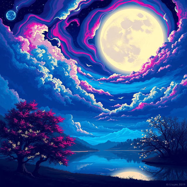 An exquisite night landscape illustrated in pixel art style, featuring an imaginative sky filled with extraordinary colors such as electric blues, deep magentas, and shimmering silvers